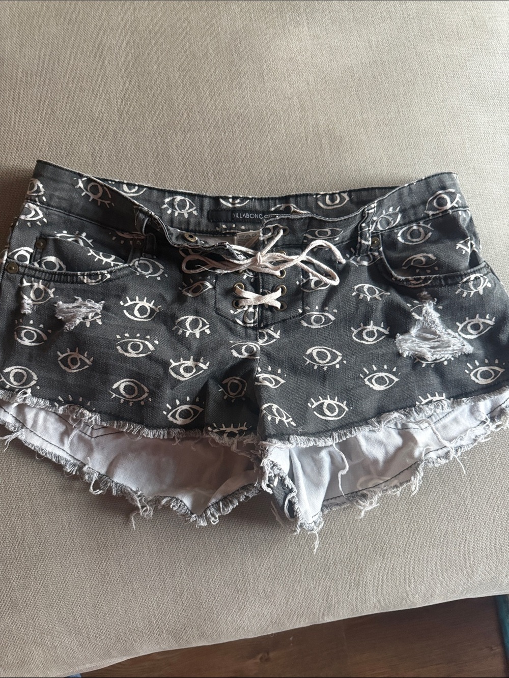 Billabong Black Denim Eye-Print Lace-Up Distressed Shorts